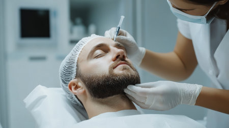 close up A couple receives a relaxing facial hair transplant side by side at a high-end beauty clinic.の素材