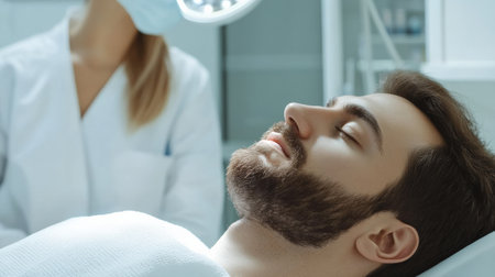 close up A couple receives a relaxing facial hair transplant side by side at a high-end beauty clinic.の素材