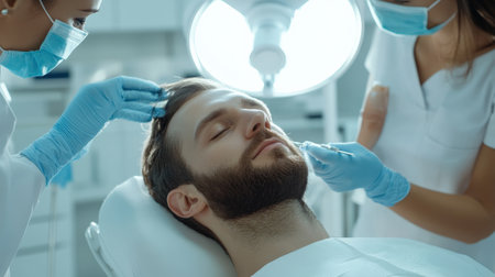 close up A couple receives a relaxing facial hair transplant side by side at a high-end beauty clinic.の素材