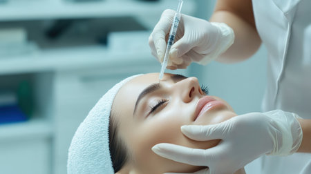 close up A couple receives a relaxing facial Eyebrow enhancement side by side at a high-end beauty clinic.の素材