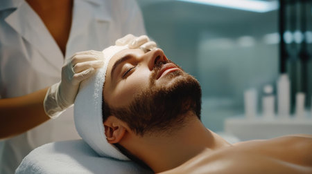 close up A couple receives a relaxing facial Eyebrow enhancement side by side at a high-end beauty clinic.の素材