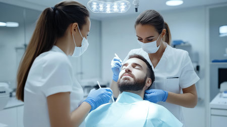 close up A couple receives a relaxing facial hair transplant side by side at a high-end beauty clinic.の素材