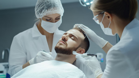 close up A couple receives a relaxing facial hair transplant side by side at a high-end beauty clinic.の素材