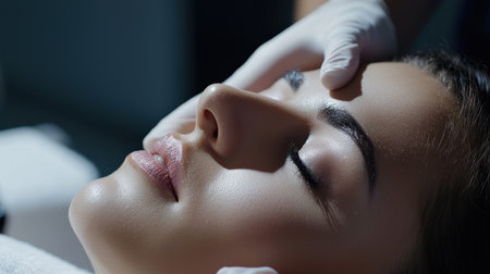 close up A couple receives a relaxing facial Eyebrow enhancement side by side at a high-end beauty clinic.の素材