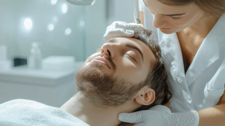 close up A couple receives a relaxing facial Eyebrow enhancement side by side at a high-end beauty clinic.の素材
