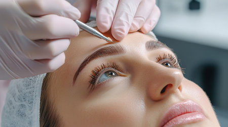 close up A couple receives a relaxing facial Eyebrow enhancement side by side at a high-end beauty clinic.の素材