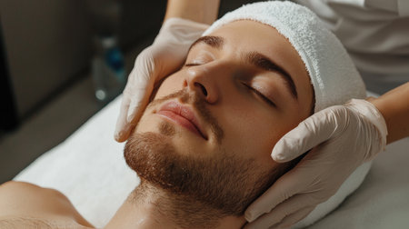 close up A couple receives a relaxing facial Eyebrow enhancement side by side at a high-end beauty clinic.の素材