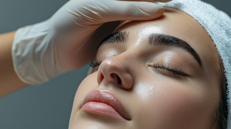 close up A couple receives a relaxing facial Eyebrow enhancement side by side at a high-end beauty clinic.の素材