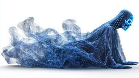 Cloak of invisibility with hints of neon blue, isolated on white, perfect for fantasy brandingの素材