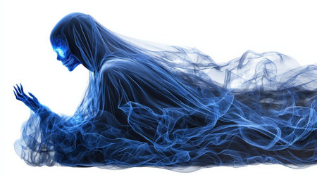 Cloak of invisibility with hints of neon blue, isolated on white, perfect for fantasy brandingの素材