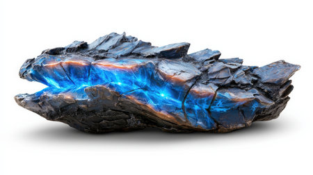Dragon tooth with glowing neon blue accents, isolated on white, ideal for mythical themesの素材