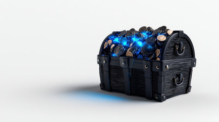 Treasure chest with blue neon glow, overflowing with coins, isolated on white, ideal for fantasy conceptsの素材