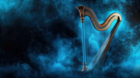 Enchanted harp with blue neon strings, isolated on white, perfect for whimsical or mythical themesの素材