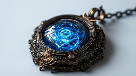 Time amulet with swirling neon blue core, isolated on white, perfect for fantasy and mystical brandingの素材