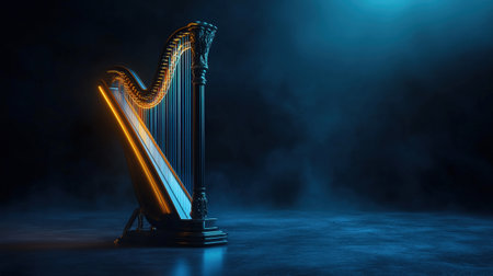 Enchanted harp with blue neon strings, isolated on white, perfect for whimsical or mythical themesの素材