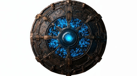 Ancient shield with blue neon detailing, isolated on white, perfect for fantasy adventure themesの素材