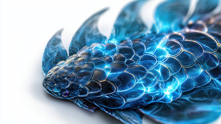 Mermaid scale with neon blue aura, isolated on white, shimmering for fantasy brandingの素材
