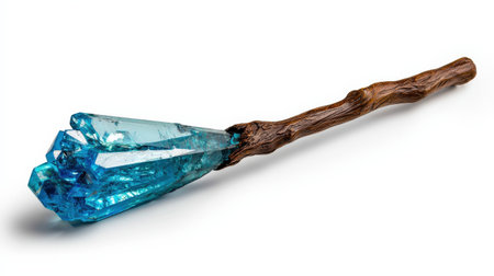 Wizard staff with neon blue crystal top, isolated on white, ideal for enchanted settingsの素材