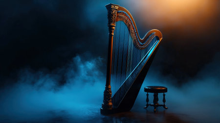 Enchanted harp with blue neon strings, isolated on white, perfect for whimsical or mythical themesの素材