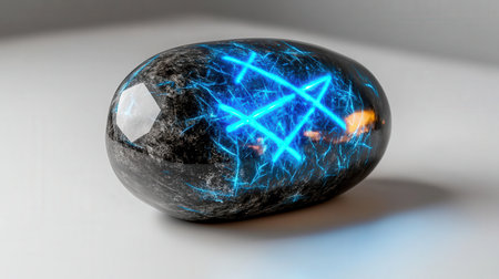 Mystical rune stone glowing in blue neon, isolated on white, ideal for magical and enchanted settingsの素材