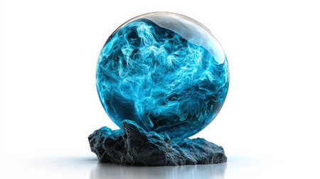 Orb of foresight with swirling neon blue mist, isolated on white, ideal for fantasy and mystical displaysの素材