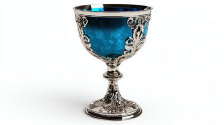 Silver goblet with glowing blue interior, isolated on white, perfect for medieval fantasy themesの素材