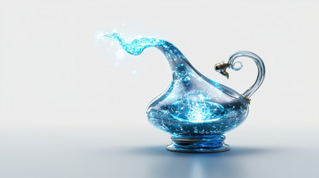 Magic lamp with neon blue aura, isolated on white, glowing subtly, ideal for mystical and magical brandingの素材