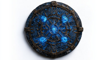Sorcerer talisman with glowing blue runes, isolated on white, perfect for fantasy and mythical brandingの素材