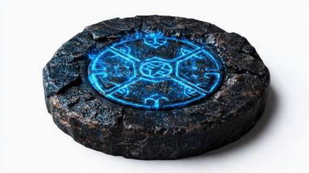 Sorcerer talisman with glowing blue runes, isolated on white, perfect for fantasy and mythical brandingの素材
