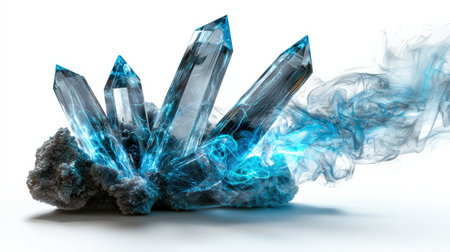 Time-travel crystal with swirling neon blue energy, isolated on white, perfect for fantasy brandingの素材