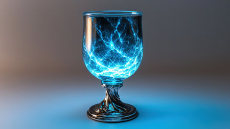 Crystal goblet with blue neon liquid, isolated on white, perfect for magical and mythical designsの素材