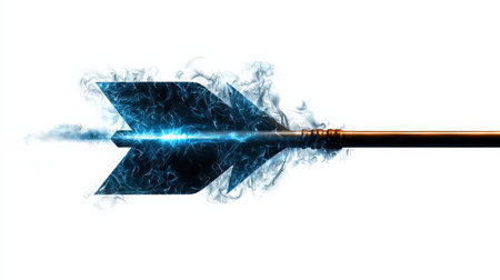 Enchanted arrow with blue neon glow, isolated on white, perfect for magical archer themesの素材