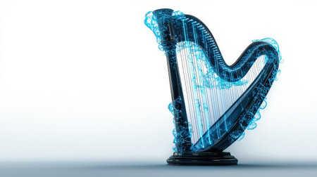 Enchanted harp with blue neon strings, isolated on white, perfect for whimsical or mythical themesの素材