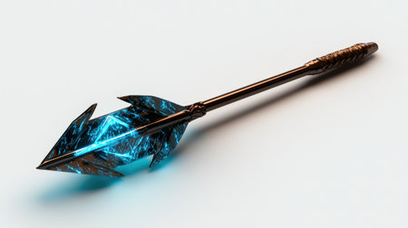 Enchanted arrow with blue neon glow, isolated on white, perfect for magical archer themesの素材