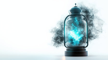 Lantern of magic with blue neon glow, isolated on white, ideal for fantasy brandingの素材