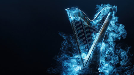 Enchanted harp with neon blue strings, isolated on white, ideal for mythical and magical themesの素材