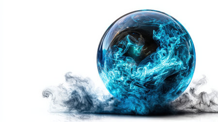 Orb of foresight with swirling neon blue mist, isolated on white, ideal for fantasy and mystical displaysの素材
