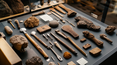 Early human tools laid out in a display, showing technological evolution.の素材
