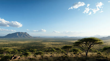 A panoramic view of the African landscape, where early humans evolvedの素材
