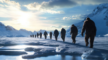 Early human migration across a landscape during the Ice Age.の素材