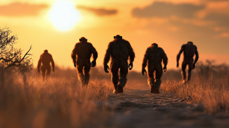 Artist's depiction of early hominins walking through a savanna.の素材