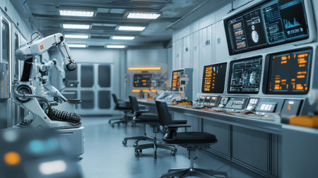 Industrial automation lab with high-tech robot assembly, digital interface ideal for brandingの素材