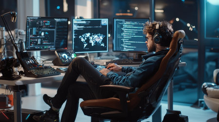 High-quality robotics technician coding in AI-powered workspace, precise automation tools ideal for brandingの素材