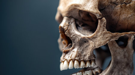 Close-up of a human skull showing key evolutionary traits.の素材