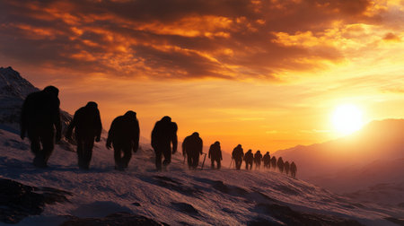 Early human migration across a landscape during the Ice Age.の素材