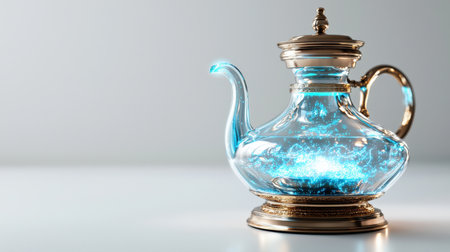 Magic lamp with neon blue aura, isolated on white, glowing subtly, ideal for mystical and magical brandingの素材