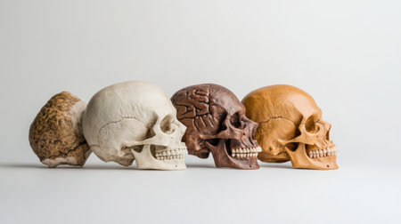 Sequence of skulls showing the evolution of the human brain size.の素材