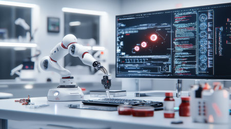 Coding robotic solutions in futuristic tech lab, ideal for digital branding and high-quality visualsの素材