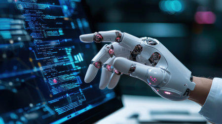 Digital robotics engineer at coding station with futuristic interface, ideal for high-tech automation visualsの素材