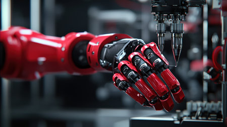 Precision robot arm in action, showcasing modern automation in smart factory setting, ideal for industry brandingの素材